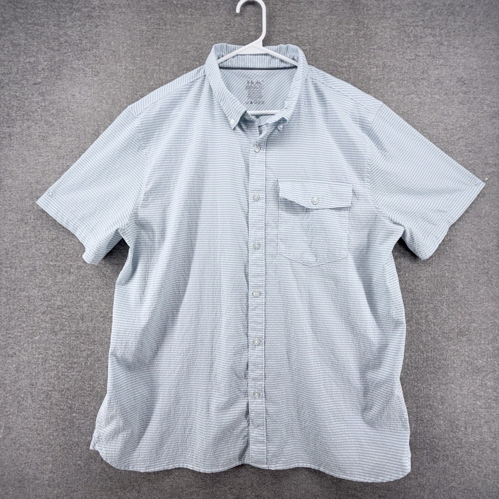 Huk Fishing Shirt Men XL Light Blue Striped Seersucker Button Up Short Sleeve